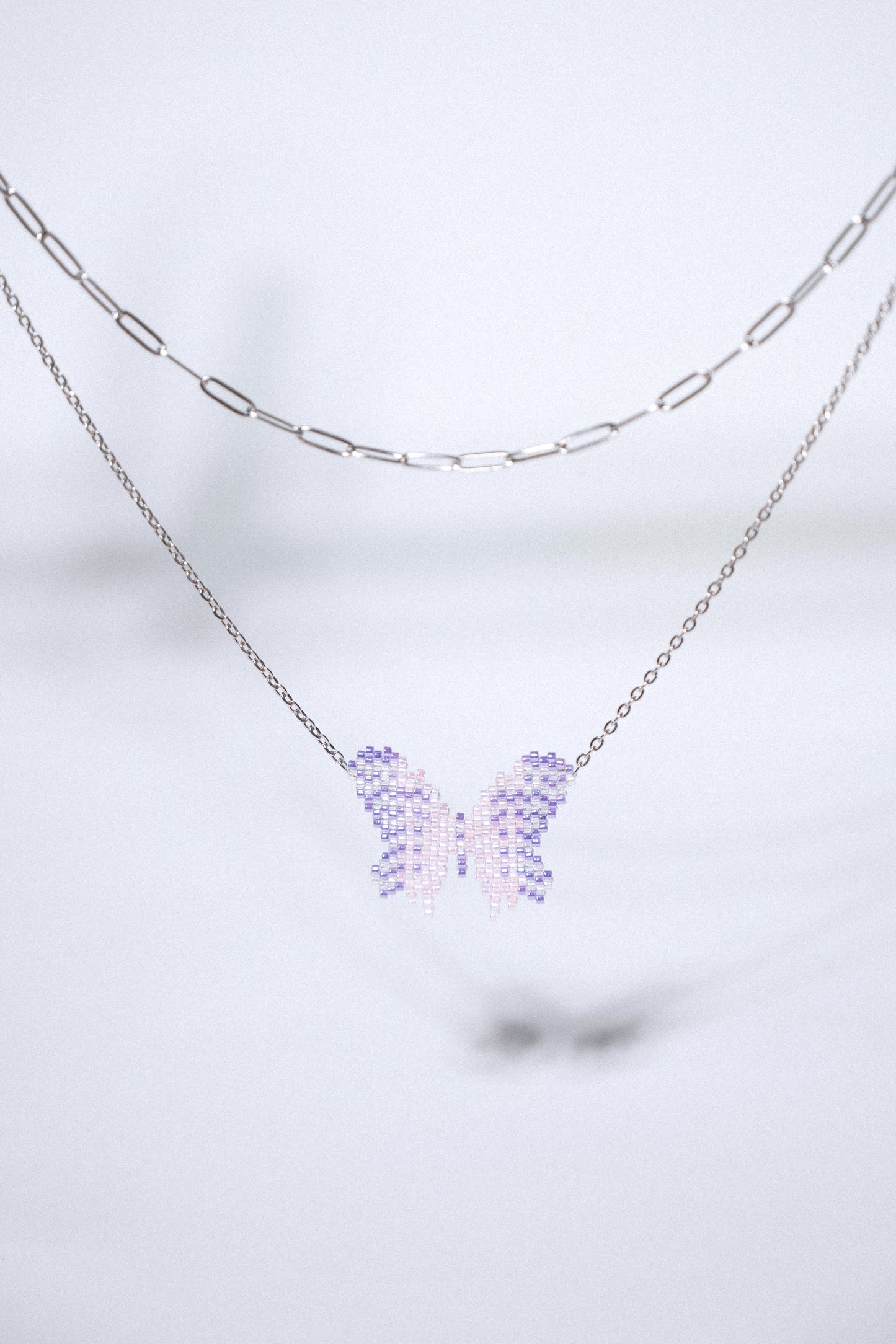 Double chain Lavender pink butterfly necklace